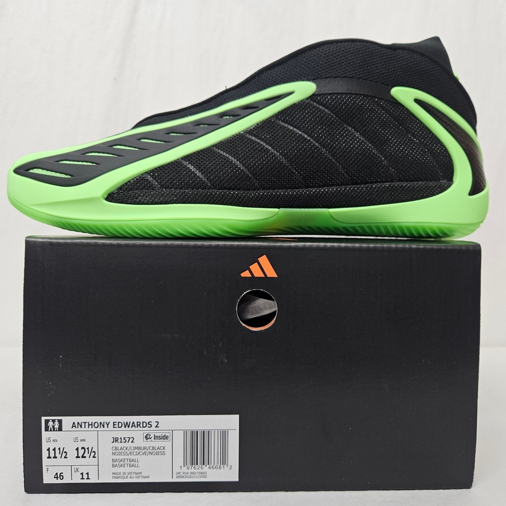 Adidas Anthony Edwards 2 Basketball Shoes JR1572 Black Lime Green Men Size 11.5